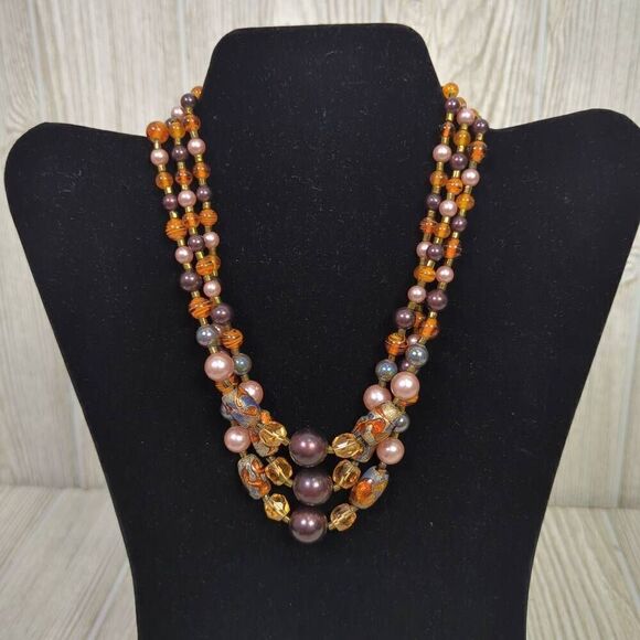 Vintage Multi Strand Glass Beaded Tiered Necklace 10” Long Drop Grannycore - Picture 2 of 7